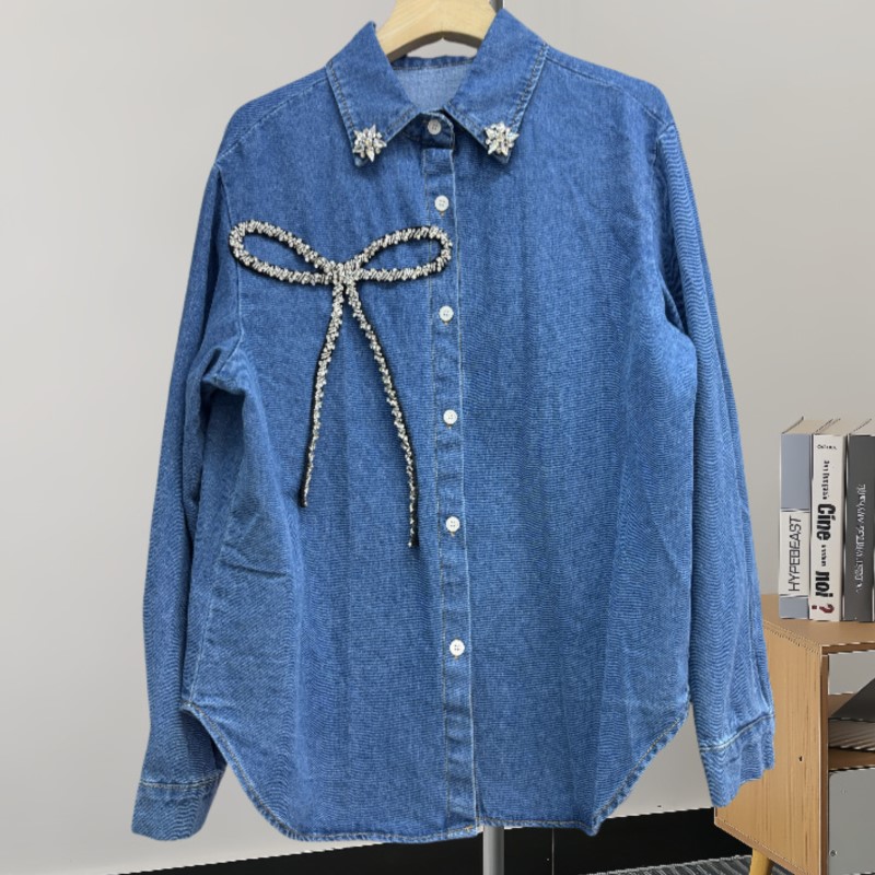 Women'S Fashion Denim Jacket - Camicia in denim con fiocco in